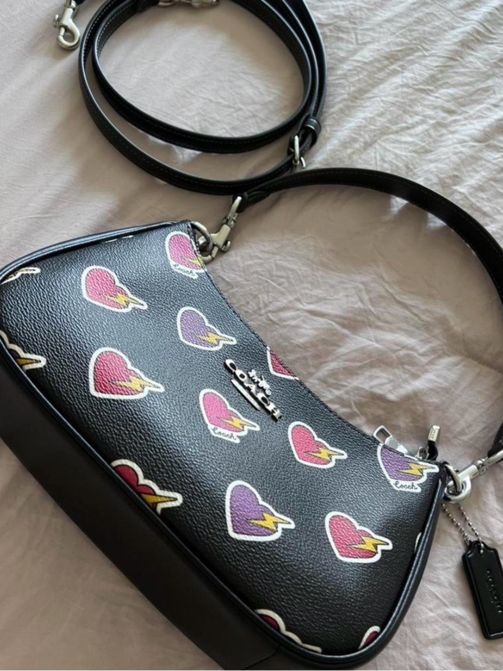 Coach Black Leather Shoulder Bag with Pink & Purple Heart Lightning Print